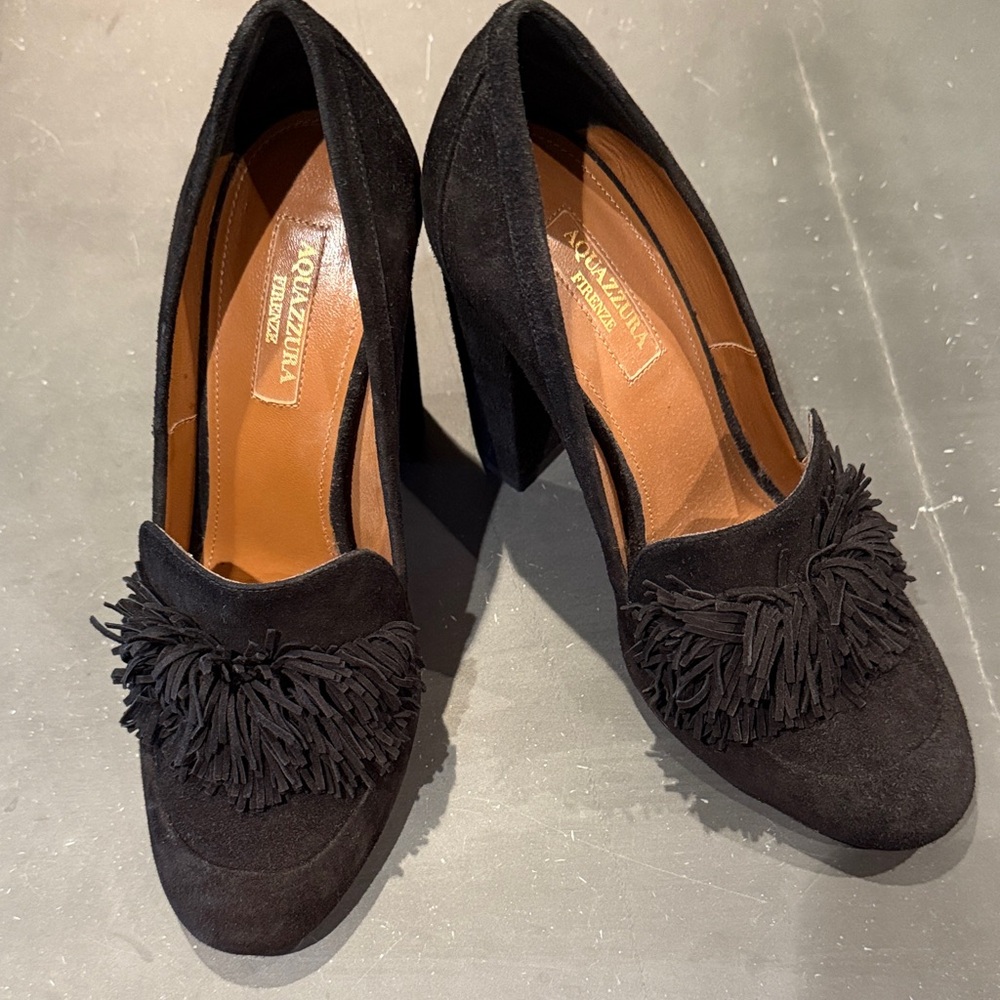 Aquazzura Black Suede Fringe Heels